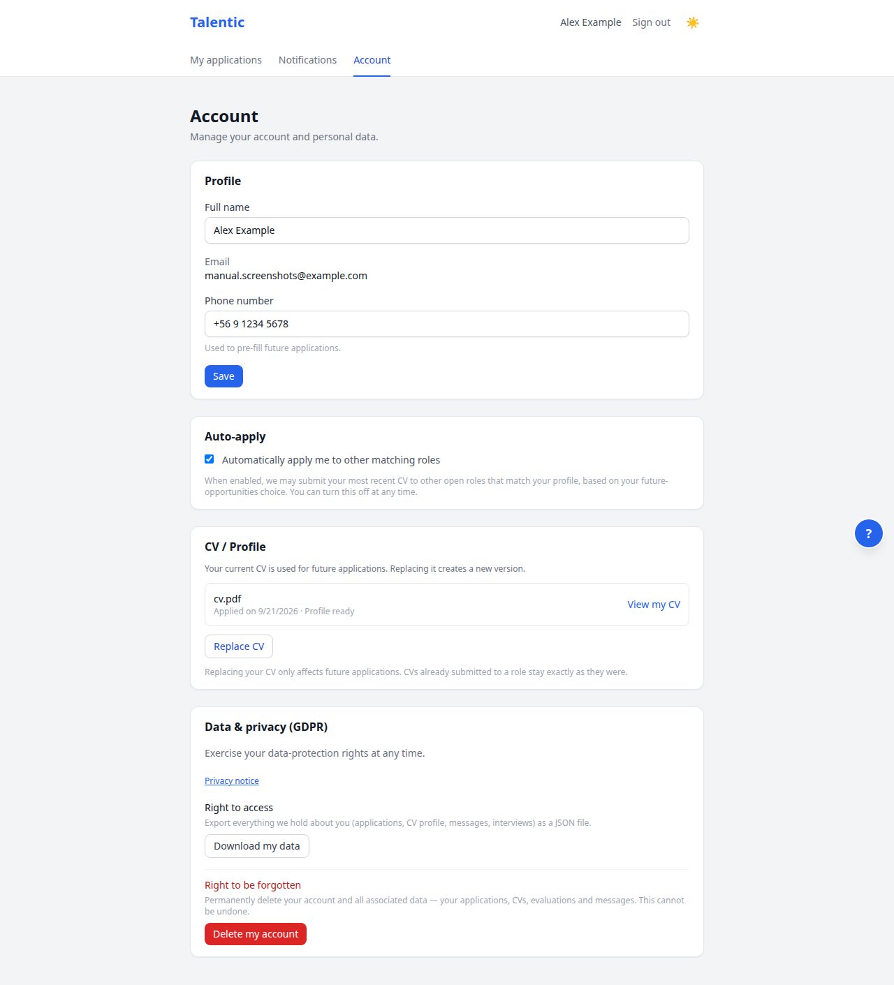 Screenshot: Account