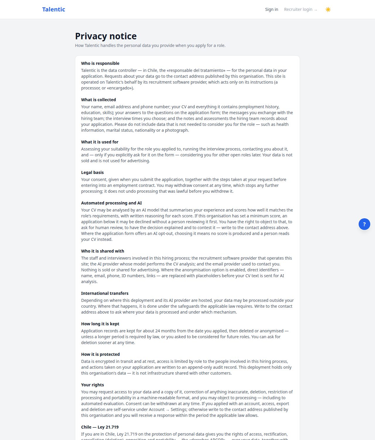 Screenshot: Privacy notice