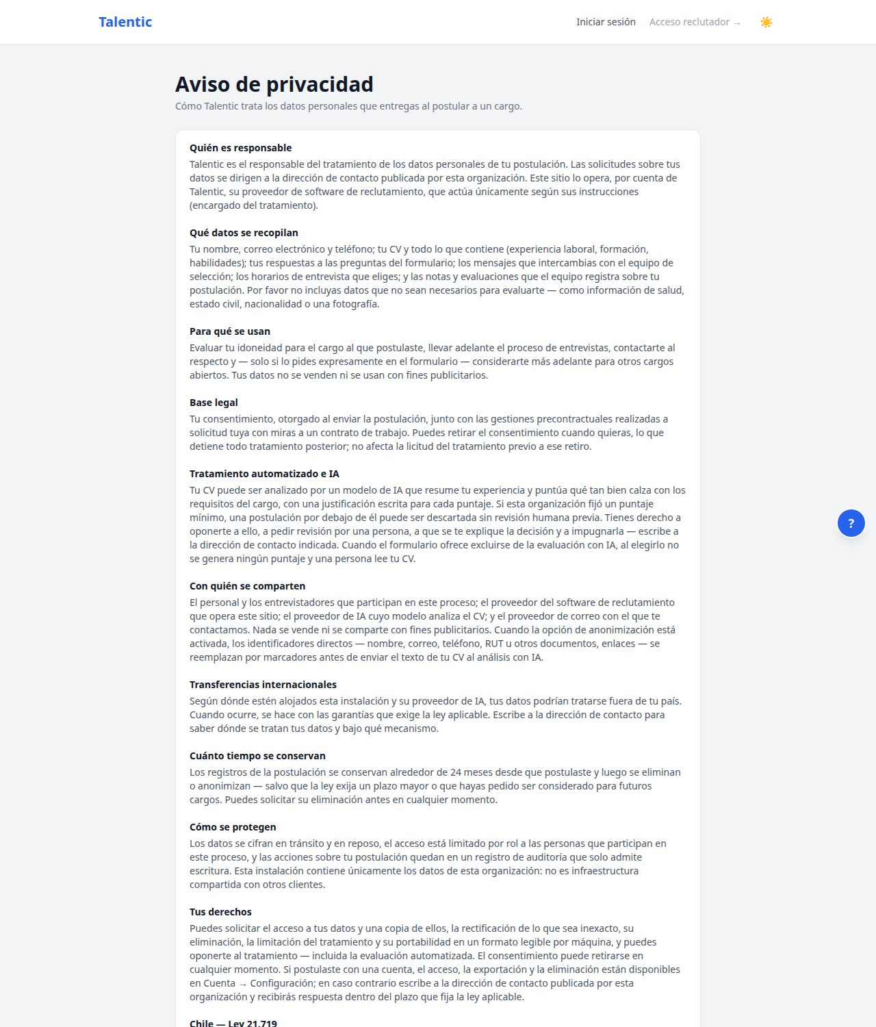 Captura de pantalla: Aviso de privacidad